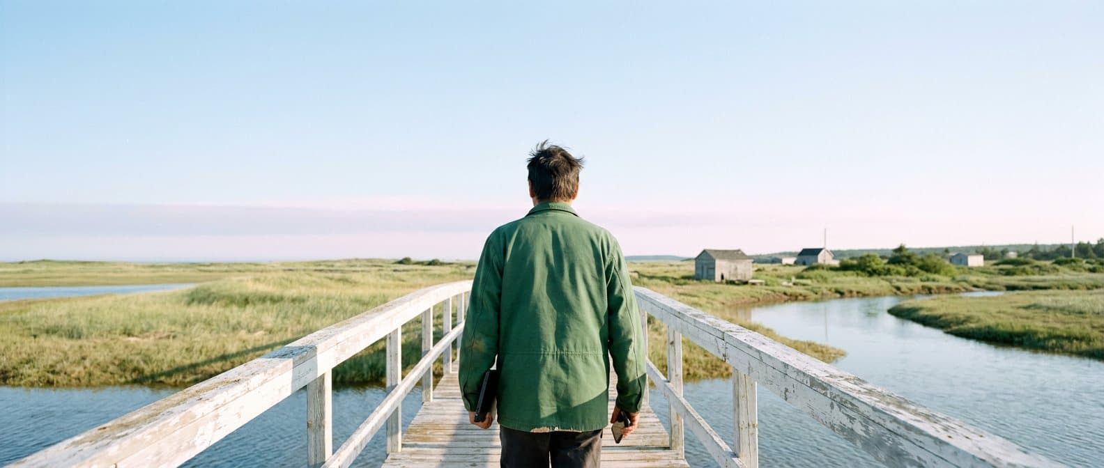 A man crossing a white wooden footbridge over a tidal creek at sunrise, a tablet under his arm